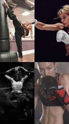 four different pictures of women in boxing gear and one woman with her hands on the punching bag