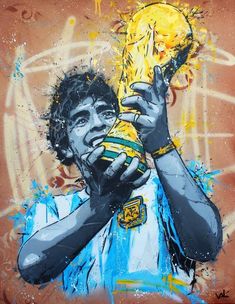 a painting of a man holding a soccer ball in one hand and a trophy in the other