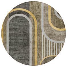 a round rug with an abstract design in grey and yellow