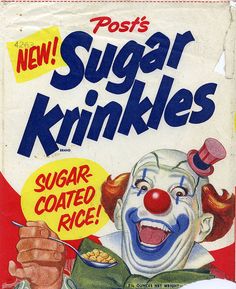 a close up of a cereal box with a clown