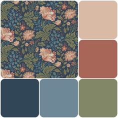 an assortment of color swatches with flowers and leaves on them, including blue, green,