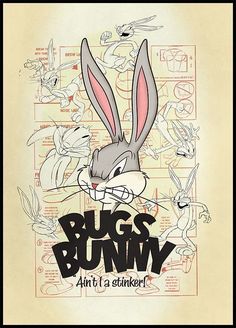 the bugs bunny poster is shown in black and white, with an image of bugs around it