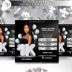 three flyers for a business event with diamonds on the back and white balloons in the middle