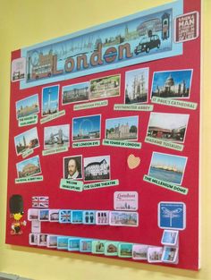 a red bulletin board with pictures and magnets on it that says london in english