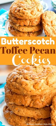 butterscotch toffee pecan cookies are stacked on top of each other