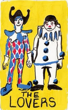 an image of two clowns holding hands with the words the lovers written below them