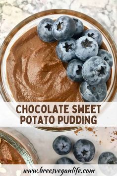 chocolate sweet potato pudding in a glass bowl with blueberries on top and text overlay