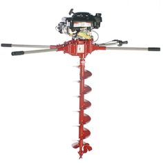 a large red machine with two forks on it's head and one wheel attached to the