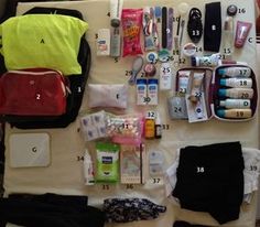 the contents of a travel bag laid out on top of a white table with numbers