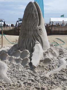 a sand sculpture of an elephant on the beach