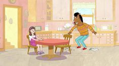 an animated image of a woman and child in the kitchen talking to each other over a table