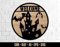 welcome sign with bats and castle in the background on a white brick wall mockup