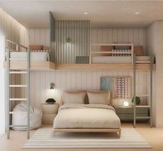 a bedroom with bunk beds, ladders and other items in the space between them