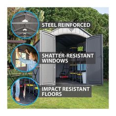 an outdoor storage shed with instructions to install the doors