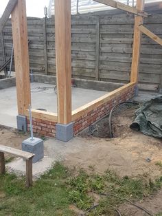 an unfinished patio being built in the back yard with wood framing and concrete flooring