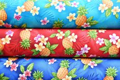 four different types of fabric with pineapples and flowers on them, all in bright colors