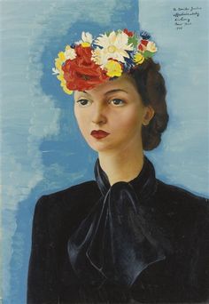 a painting of a woman with flowers in her hair, wearing a black shirt and bow tie