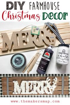 diy farmhouse christmas decor with the words merry on it and other items to decorate