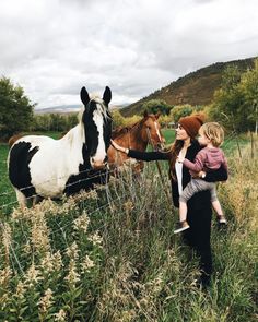 a woman and child petting a horse behind a fence with horses in the background