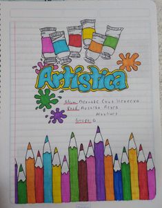 an open notebook with colored pencils and the words abishica written on it