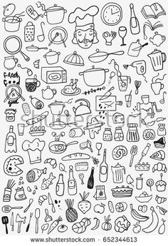 a large collection of hand drawn kitchen items