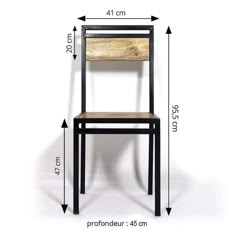 a black chair with a wooden seat and measurements for the back side, shown in front of a white background