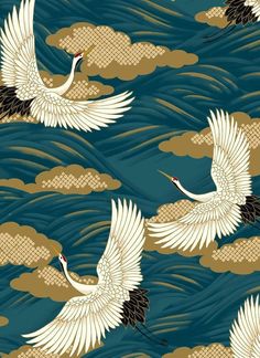 two white birds flying through the air over clouds in blue and gold colors on a dark green background