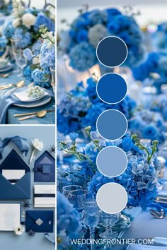 blue and white wedding decor with place settings