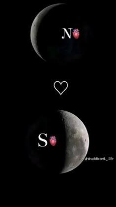 two phases of the moon with hearts and letters on them, in the dark sky