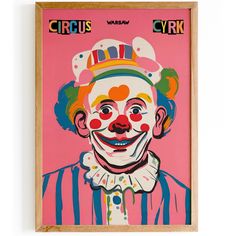 a painting of a clown on a pink background with the words circus written below it