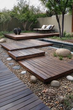 floating deck platforms built using deck blocks for beautiful landscaped yard Wooden Deck Texture, Layered Deck, Creek Design, Terrasse Design, Backyard Dreams, House Backyard, Deck Designs Backyard, Backyard Renovations, Backyard Remodel