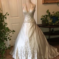 a wedding dress on display in front of a door