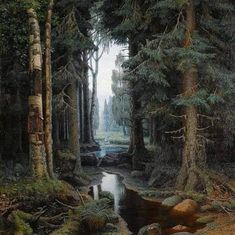 a painting of a stream in the middle of a forest with lots of trees and rocks