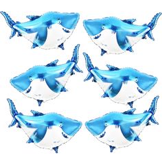 six blue and white shark balloons in the shape of dolphins