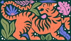 an orange tiger surrounded by green leaves and purple flowers on a black background with white dots