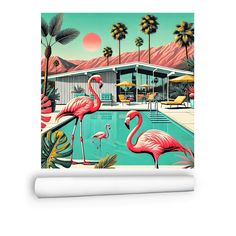 a painting of flamingos in front of a swimming pool