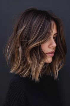 Long Haircut With Highlights, Women’s Fall Haircuts, Fall Chocolate Brown Hair, Highlight Shoulder Length Hair, Bob Hair Inspiration, Brown Bob Highlights, Personal Attendant Hairstyles, Balayage On Bob Haircut, Bob Hairstyles Highlights