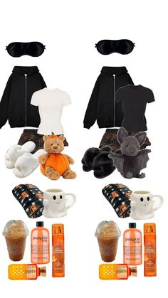 an assortment of halloween items including a teddy bear, coffee mugs and other items