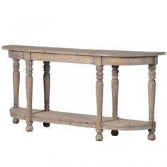 an old wooden console table with two legs