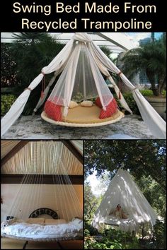 a bed made from recycled trampoline with mosquito netting on top and bottom part