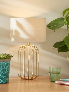 a lamp sitting on top of a wooden table next to a potted plant