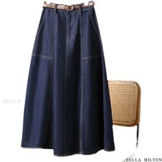 Bellamilton - High-Waisted Denim Midi Skirt in Classic Indigo - Fashionable, Flattering, and Comfortable High Waisted Denim Skirt, Bold Lettering, Long Denim Skirt, Blue Denim Skirt, Deep Indigo, Skirts Midi High Waisted, Dark Blue Denim, Denim Midi Skirt, Korea Fashion