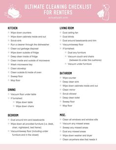 the ultimate cleaning checklist for rentals is in this pink and white printable