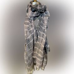 Gorgeous Tie Dye Pattern In Soft Dark Grayish Blue To White Colors Super Chic And Delicious Snuggly Hand Feel. Fringes All Around The Rectangular Shape Measures 36” X 72” Very Lightweight Can Even Be Warn As A Sarong At The Beach Or Poolside. Never Worn Perfect Condition Grayish Blue, Tie Dye Pattern, Greyish Blue, Fringe Scarf, White Colors, Tie Dye Patterns, Sarong, At The Beach, Blue Grey