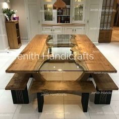 a wooden table with two benches in front of it