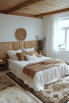 a large bed sitting under a window next to a rug on top of a floor