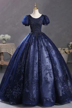 Blue Tulle Sequins Long Formal Dress A-Line Short Sleeve Evening Party Dress Midnight Blue Ball Gown, Prom Dress Short Lace, Champagne Gown, Grey Prom Dress, Gown Blue, Mermaid Prom Dresses Lace, Prom Inspo, Prom Dresses Yellow, Long Formal Dress