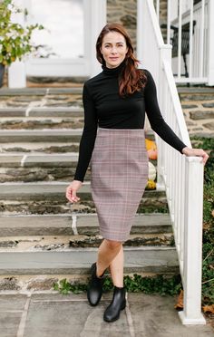 Plaid skirts and fall weather: one of our all-time favorite fashion trends! The 'Pippa' Pencil Skirt is an easy choice for the office, college campus, or Sunday morning. Compliment the hints of black, cream, camel, and maroon in the grey plaid print with a cozy cable knit sweater in any of those tones. When the temperatures drop add a warm layer with leggings and ankle boots! Exclusively designed just for you! 30% Rayon 30% Polyester 36% Nylon 4% Spandex Hand Wash Cold Do Not Bleach Hang to Dry Black Knee Boots, Plaid Pencil Skirt, College Campus, Grey Plaid, Black Knees, Fall Weather, Gray Plaid, The Grey, Tempera