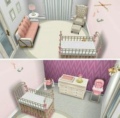 two views of a baby's room with pink walls and white cribs