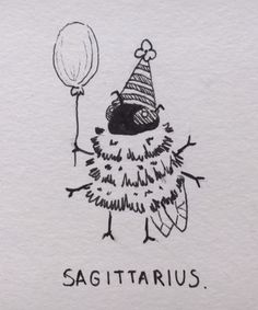 a drawing of a hedge with a party hat holding a balloon and saying sagitarius